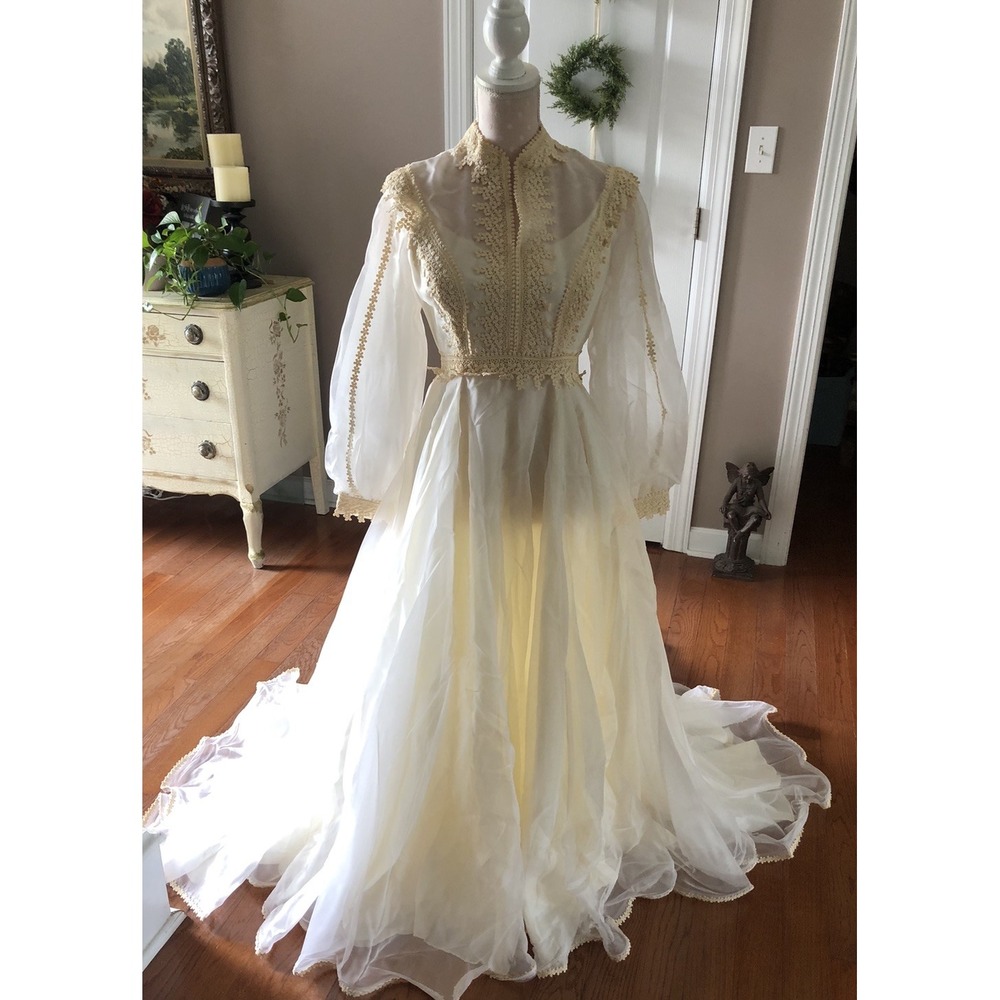 VTG 70s Wedding Dress W/Veil Prairie Lace Chiffon Bishop Sleeve Boho Ivory 11/12